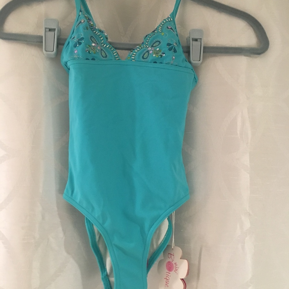 Mini B’eautique NWT Girls Turquoise Sequins & Beads 1 PC Bathing Suit Sz 6 years